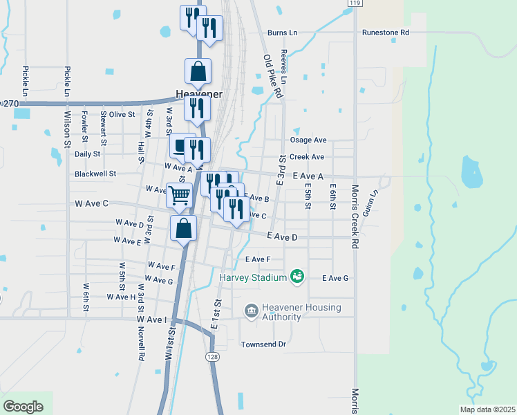 map of restaurants, bars, coffee shops, grocery stores, and more near 407 East 2nd Street in Heavener