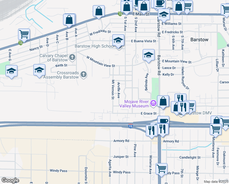 map of restaurants, bars, coffee shops, grocery stores, and more near 725 Arville Avenue in Barstow