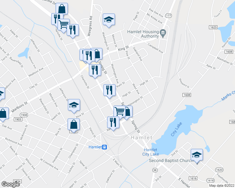 map of restaurants, bars, coffee shops, grocery stores, and more near 310 Spring Street in Hamlet