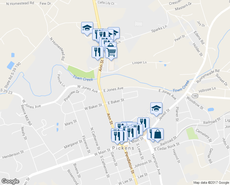 map of restaurants, bars, coffee shops, grocery stores, and more near 126 East Jones Avenue in Pickens
