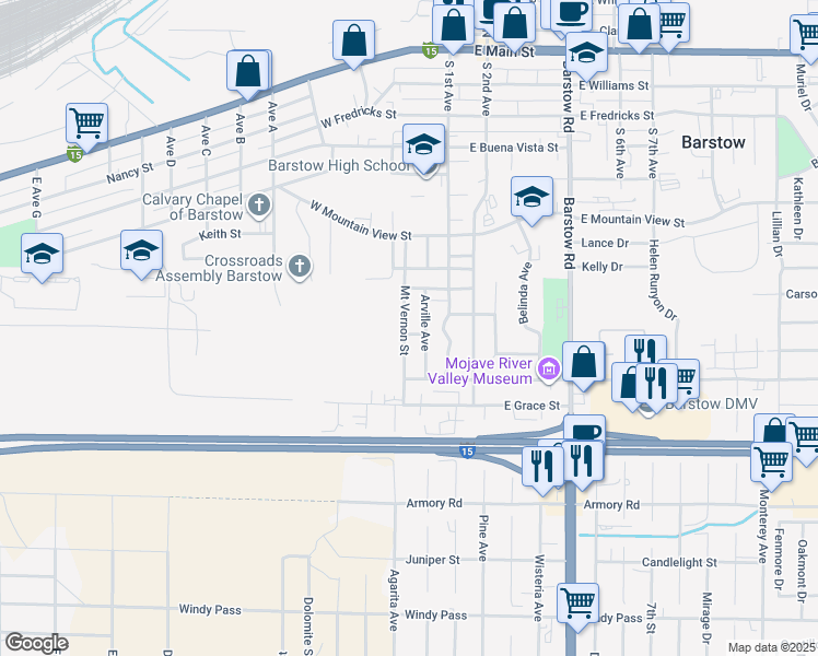 map of restaurants, bars, coffee shops, grocery stores, and more near 729 Mount Vernon Street in Barstow
