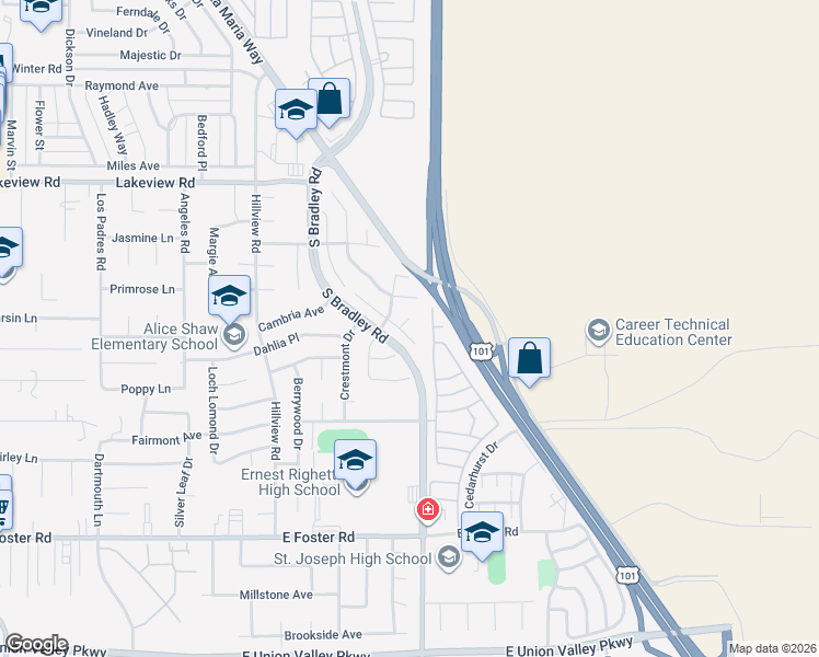 map of restaurants, bars, coffee shops, grocery stores, and more near 3866 Mira Loma Drive in Santa Maria