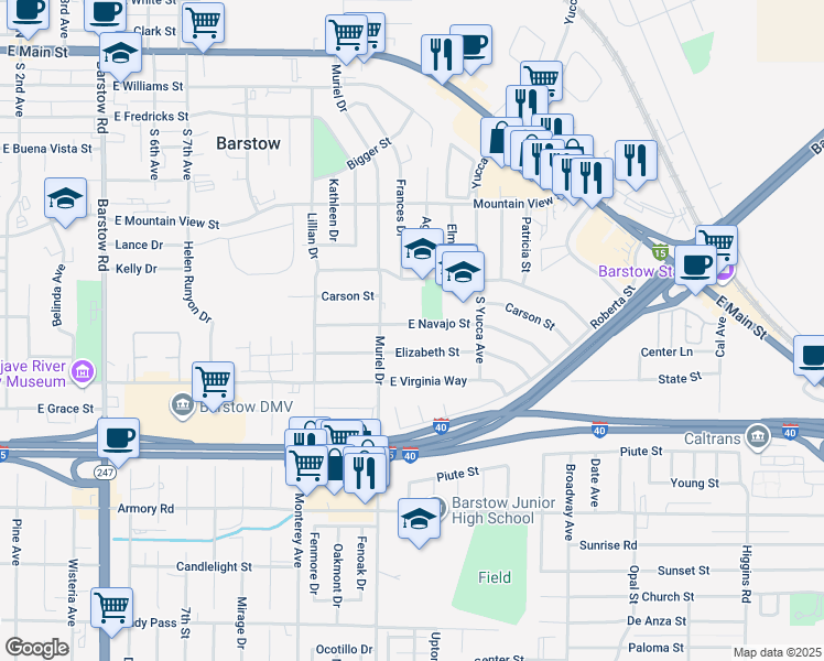 map of restaurants, bars, coffee shops, grocery stores, and more near 1108 East Navajo Street in Barstow