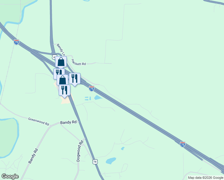 map of restaurants, bars, coffee shops, grocery stores, and more near 456 Bandy Lane in Ringgold