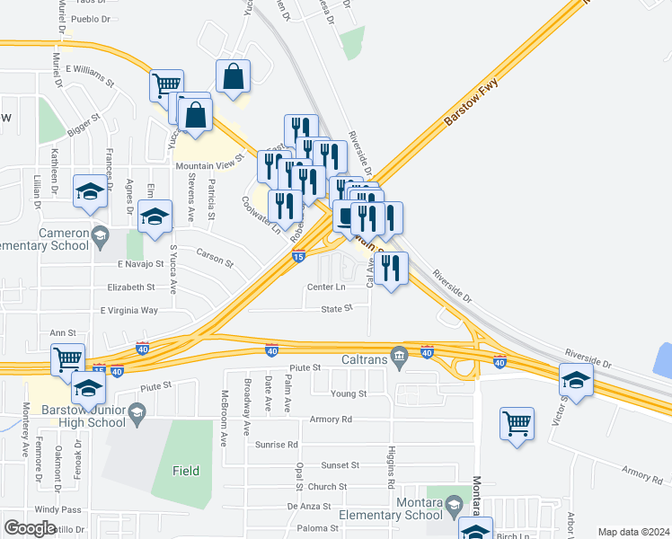 map of restaurants, bars, coffee shops, grocery stores, and more near 108 Cal Avenue in Barstow