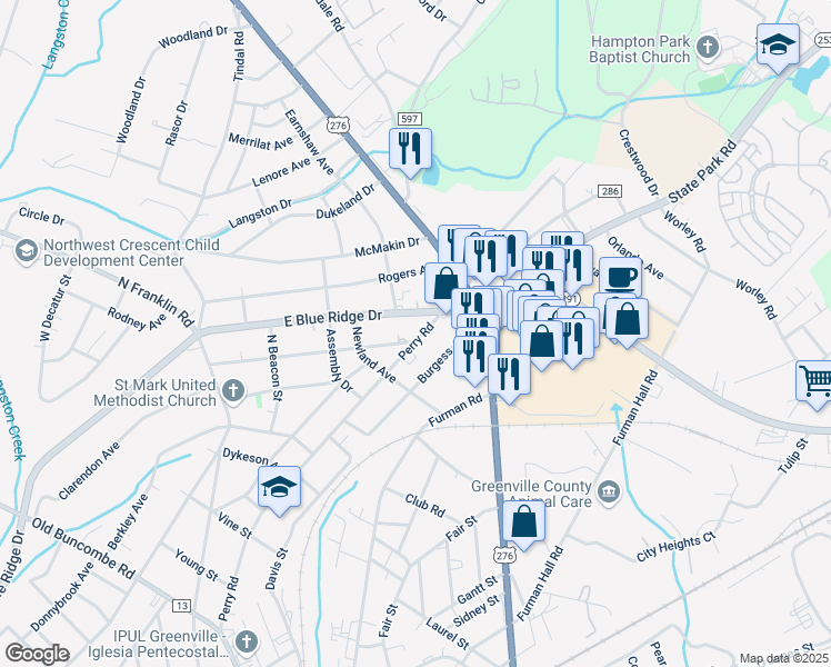map of restaurants, bars, coffee shops, grocery stores, and more near 801 Perry Road in Greenville