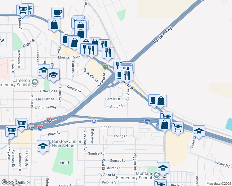map of restaurants, bars, coffee shops, grocery stores, and more near 108 Cal Avenue in Barstow