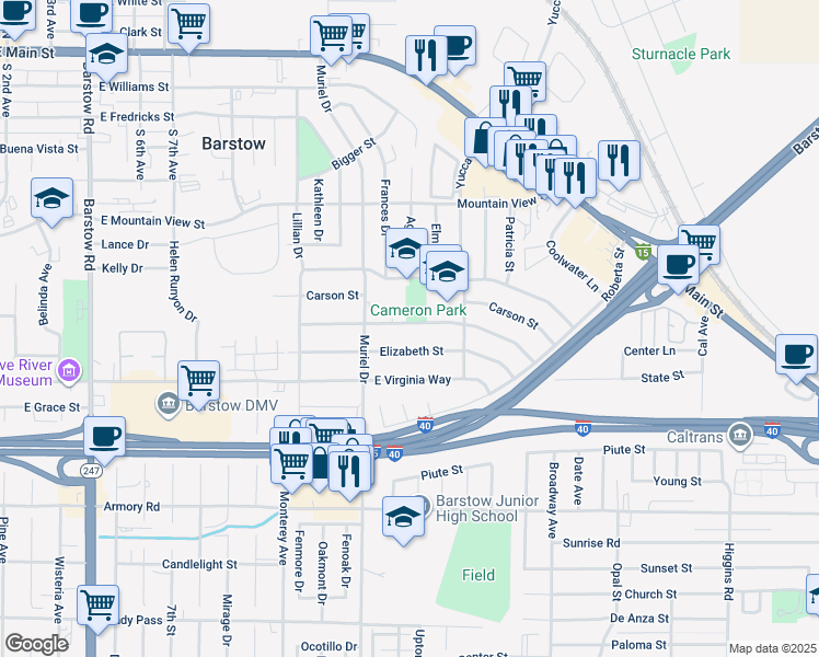 map of restaurants, bars, coffee shops, grocery stores, and more near 1108 East Navajo Street in Barstow