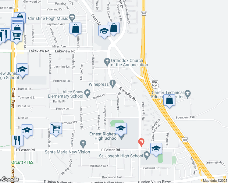 map of restaurants, bars, coffee shops, grocery stores, and more near 911 Dahlia Place in Santa Maria