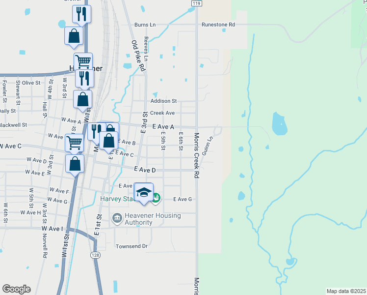map of restaurants, bars, coffee shops, grocery stores, and more near 700 East Avenue B in Heavener
