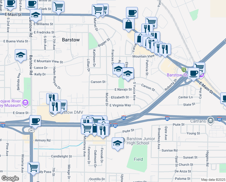 map of restaurants, bars, coffee shops, grocery stores, and more near 1014 East Navajo Street in Barstow
