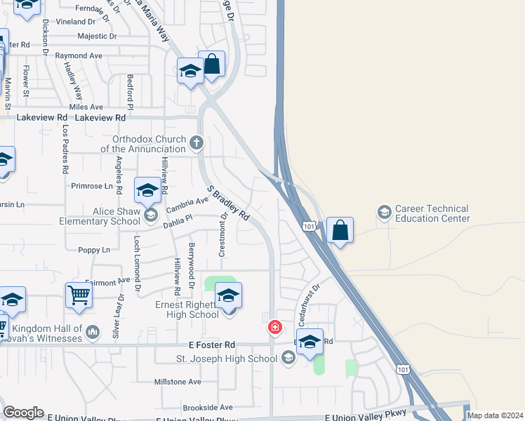 map of restaurants, bars, coffee shops, grocery stores, and more near 3866 Mira Loma Drive in Santa Maria