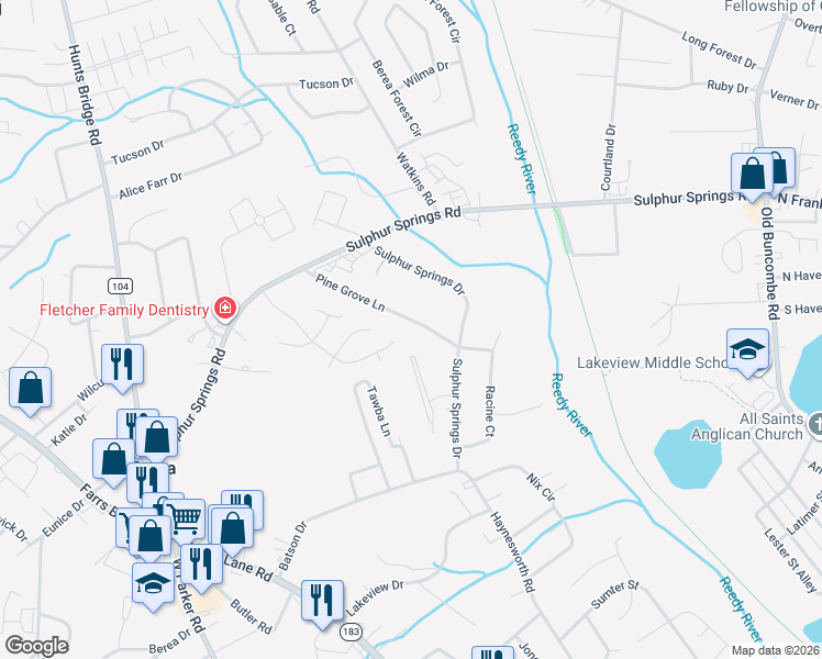 map of restaurants, bars, coffee shops, grocery stores, and more near 32 Pine Grove Lane in Greenville