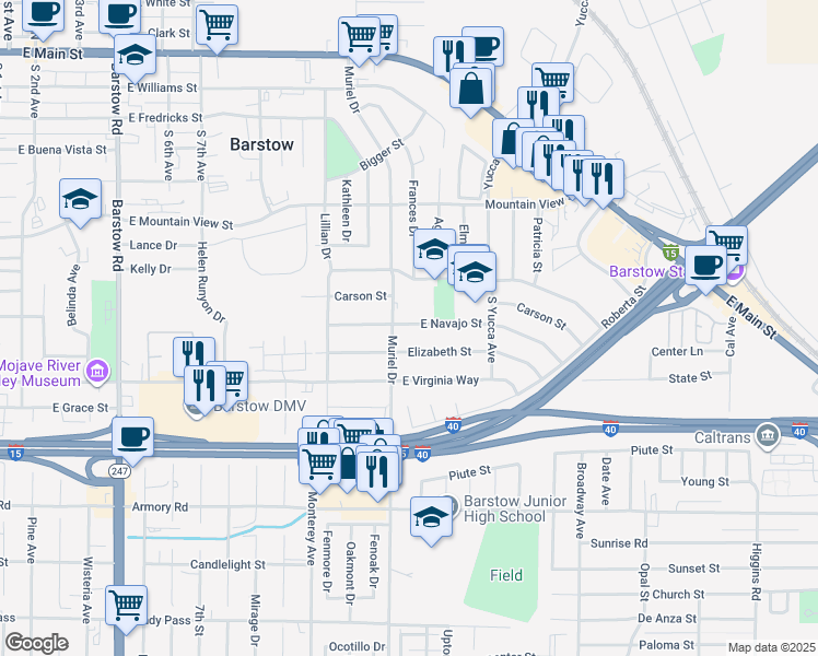 map of restaurants, bars, coffee shops, grocery stores, and more near 1014 East Navajo Street in Barstow