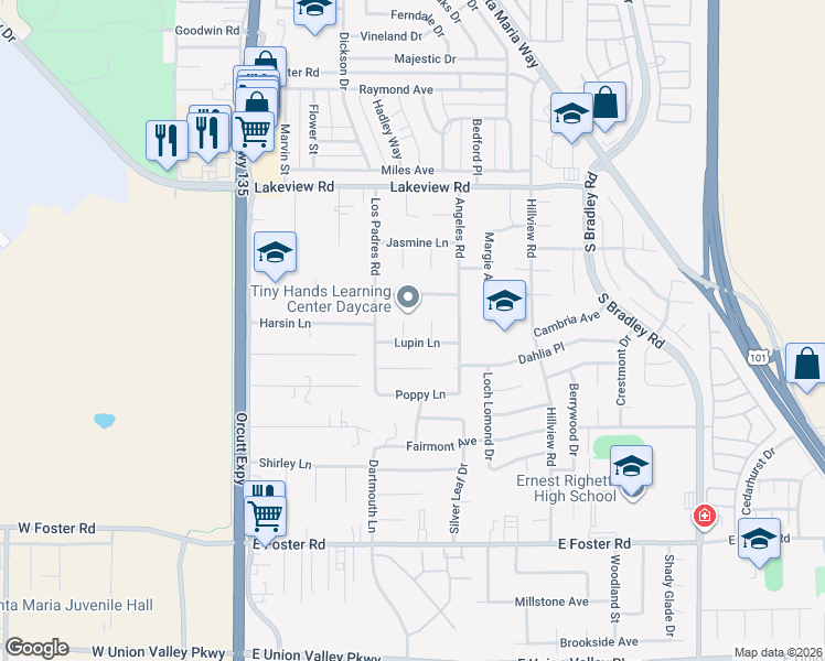map of restaurants, bars, coffee shops, grocery stores, and more near 3825 Lisa Way in Santa Maria