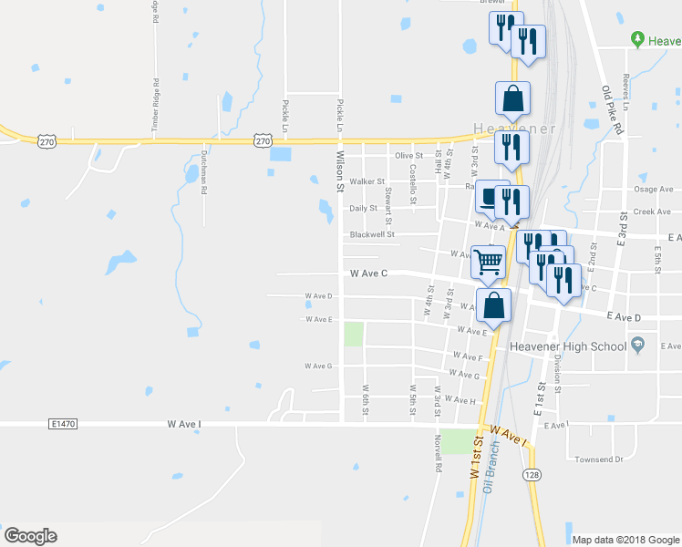 map of restaurants, bars, coffee shops, grocery stores, and more near Wilson Street in Heavener