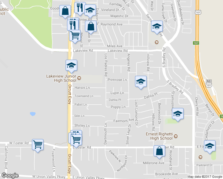 map of restaurants, bars, coffee shops, grocery stores, and more near 3825 Lisa Way in Santa Maria