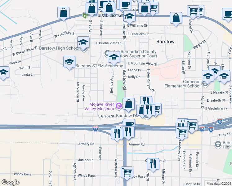 map of restaurants, bars, coffee shops, grocery stores, and more near 737 Belinda Avenue in Barstow