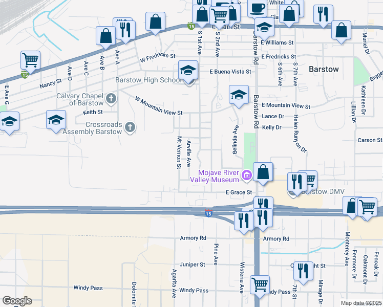 map of restaurants, bars, coffee shops, grocery stores, and more near 725 Arville Avenue in Barstow