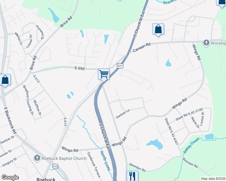 map of restaurants, bars, coffee shops, grocery stores, and more near 133 Benny Lane in Roebuck