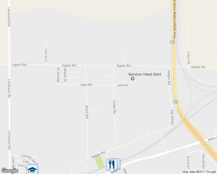 map of restaurants, bars, coffee shops, grocery stores, and more near 25587 Jade Road in Barstow