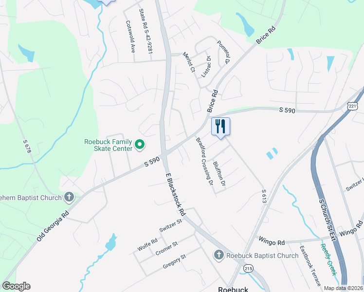 map of restaurants, bars, coffee shops, grocery stores, and more near 2011 Hillman Way in Roebuck