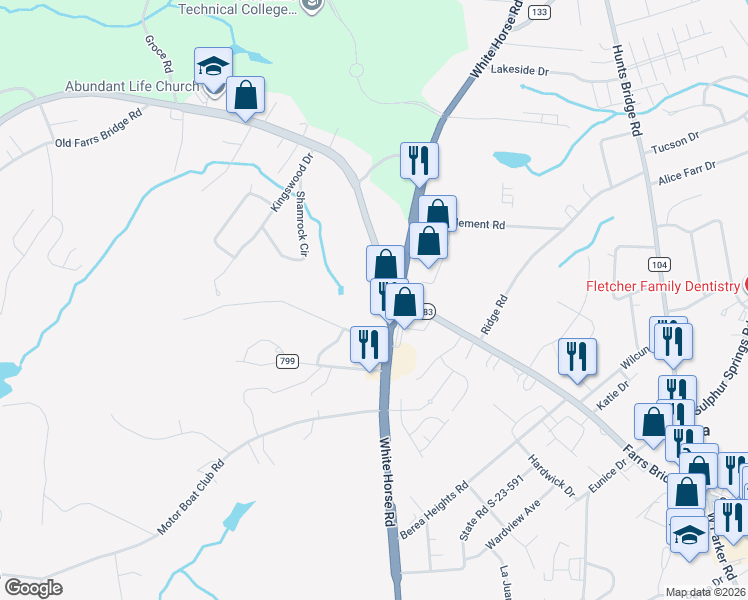 map of restaurants, bars, coffee shops, grocery stores, and more near 7853 White Horse Road in Greenville