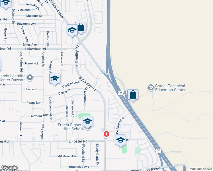 map of restaurants, bars, coffee shops, grocery stores, and more near 3827 Cherry Hill Road in Santa Maria