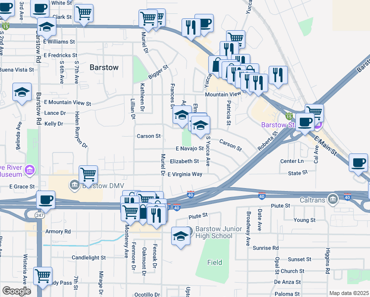 map of restaurants, bars, coffee shops, grocery stores, and more near East Navajo Street in Barstow