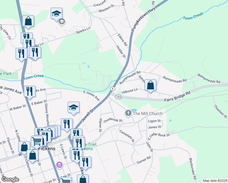 map of restaurants, bars, coffee shops, grocery stores, and more near 114 Pumpkintown Highway in Pickens