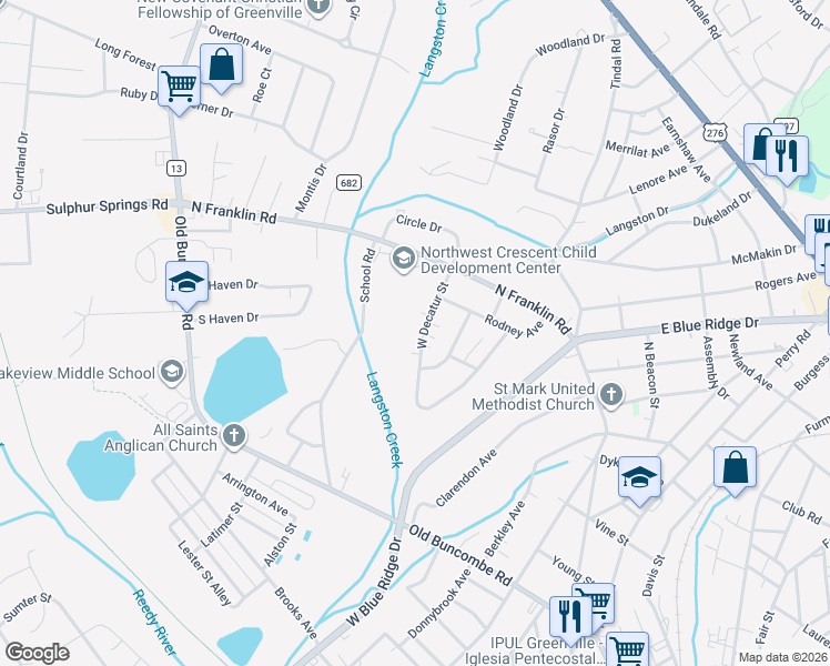 map of restaurants, bars, coffee shops, grocery stores, and more near 116 West Decatur Street in Greenville