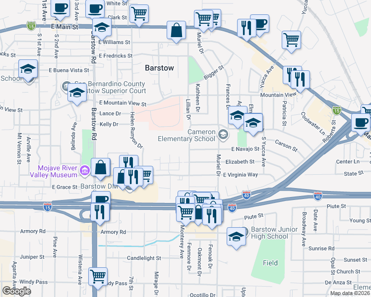 map of restaurants, bars, coffee shops, grocery stores, and more near 940 Lillian Drive in Barstow
