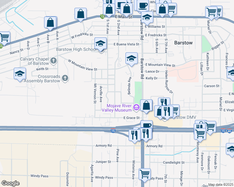 map of restaurants, bars, coffee shops, grocery stores, and more near 200 Fairview Street in Barstow