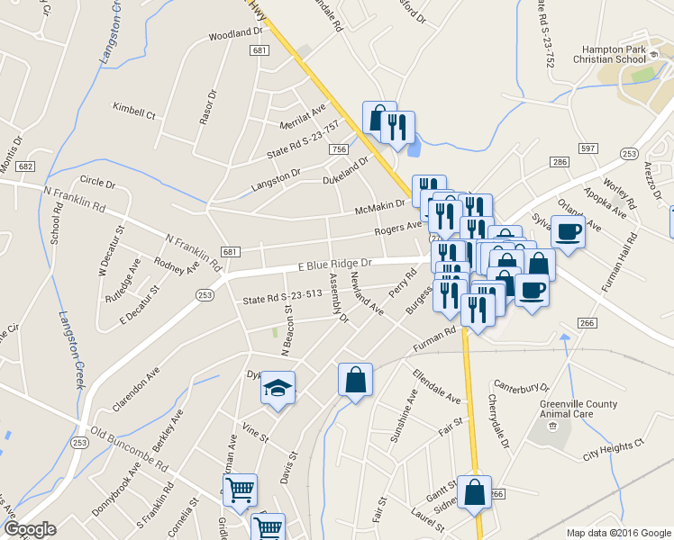map of restaurants, bars, coffee shops, grocery stores, and more near 300 East Blue Ridge Drive in Greenville