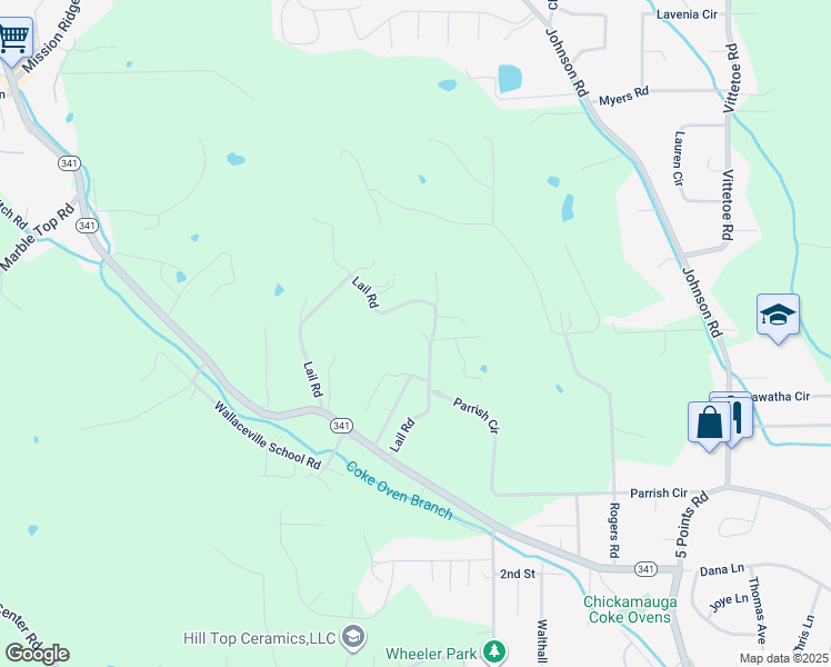 map of restaurants, bars, coffee shops, grocery stores, and more near 277 Lail Road in Chickamauga