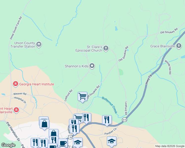 map of restaurants, bars, coffee shops, grocery stores, and more near 982 Ledford Road in Blairsville