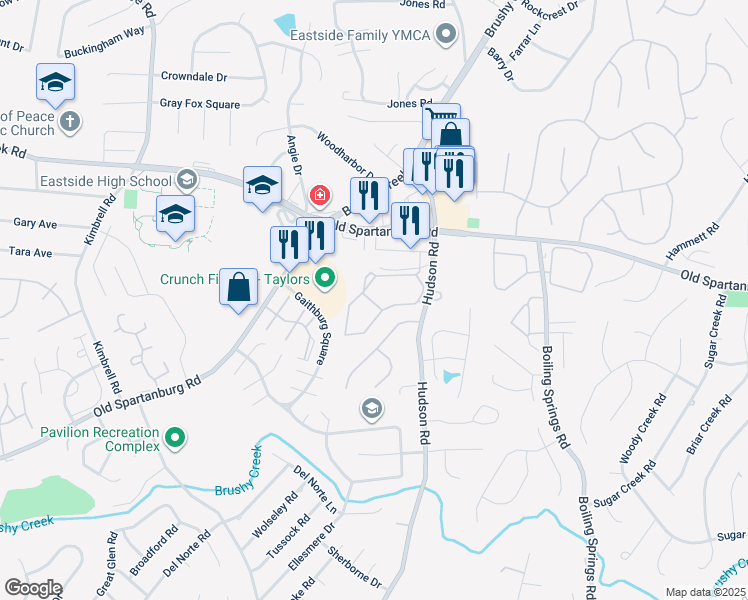 map of restaurants, bars, coffee shops, grocery stores, and more near 10 Bushberry Way in Greer