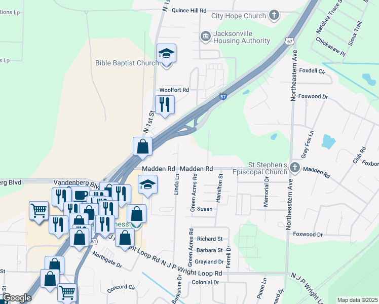 map of restaurants, bars, coffee shops, grocery stores, and more near 900 Madden Road in Jacksonville