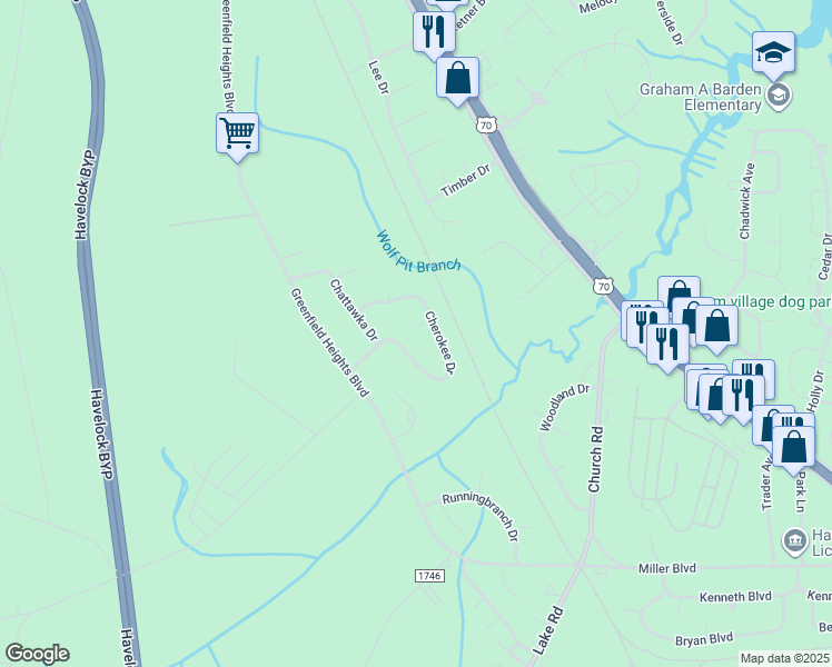 map of restaurants, bars, coffee shops, grocery stores, and more near 23 Cherokee Cir in Havelock