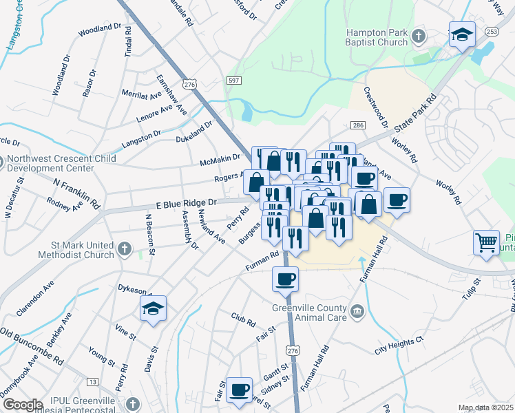 map of restaurants, bars, coffee shops, grocery stores, and more near 503 East Blue Ridge Drive in Greenville