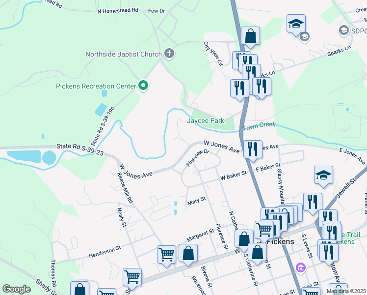 map of restaurants, bars, coffee shops, grocery stores, and more near 105 Patrick Lane in Pickens