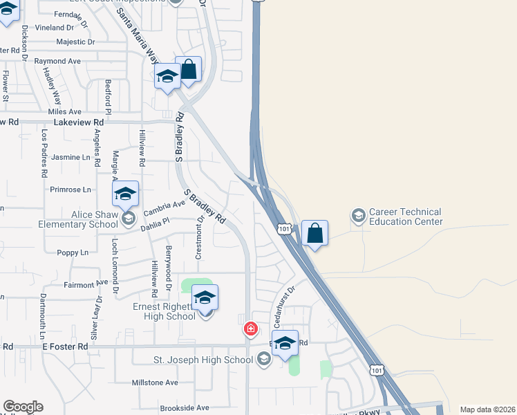 map of restaurants, bars, coffee shops, grocery stores, and more near 3827 Cherry Hill Road in Santa Maria