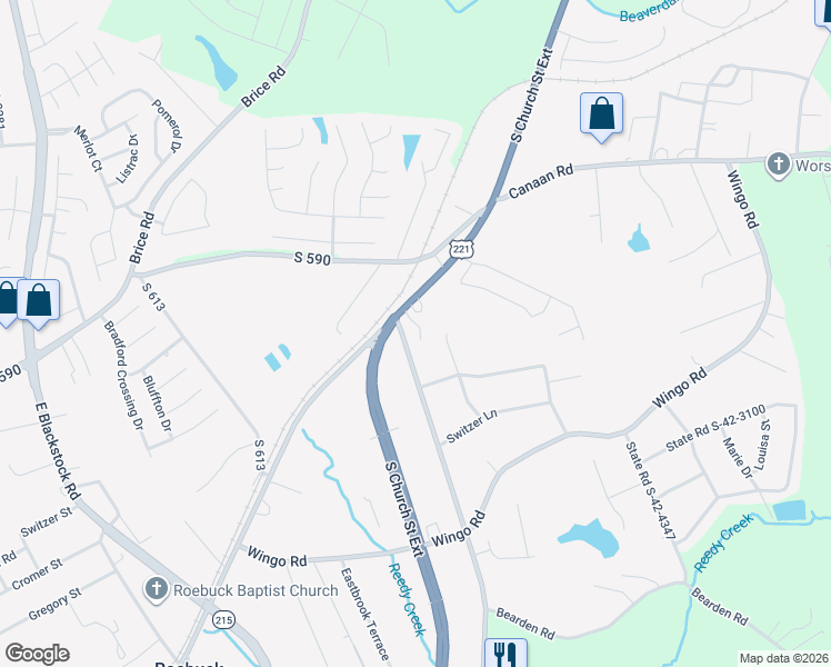 map of restaurants, bars, coffee shops, grocery stores, and more near 133 Benny Lane in Roebuck