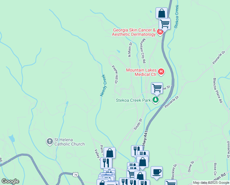 map of restaurants, bars, coffee shops, grocery stores, and more near 22 Skyline Lane in Clayton