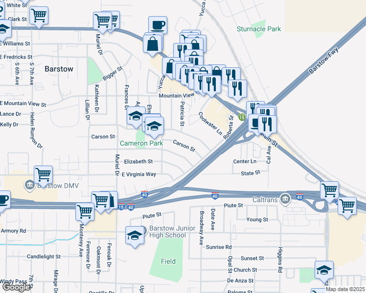 map of restaurants, bars, coffee shops, grocery stores, and more near 1316 Carson Street in Barstow