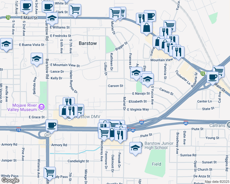 map of restaurants, bars, coffee shops, grocery stores, and more near 927 East Navajo Street in Barstow