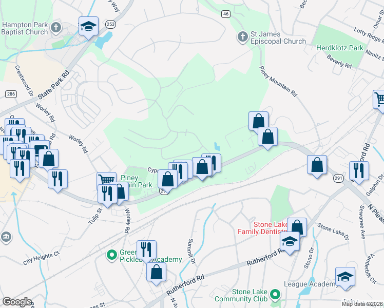 map of restaurants, bars, coffee shops, grocery stores, and more near 958 Montebello Drive in Greenville