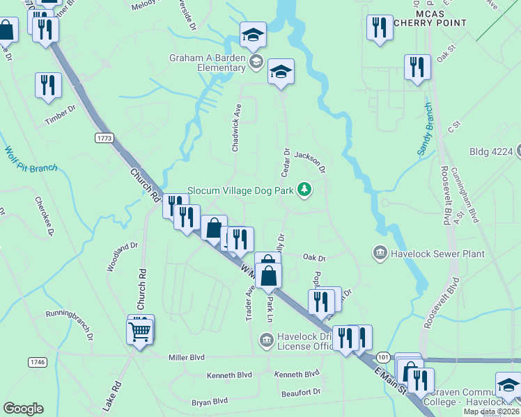 map of restaurants, bars, coffee shops, grocery stores, and more near 301-399 Cypress Lane in Havelock