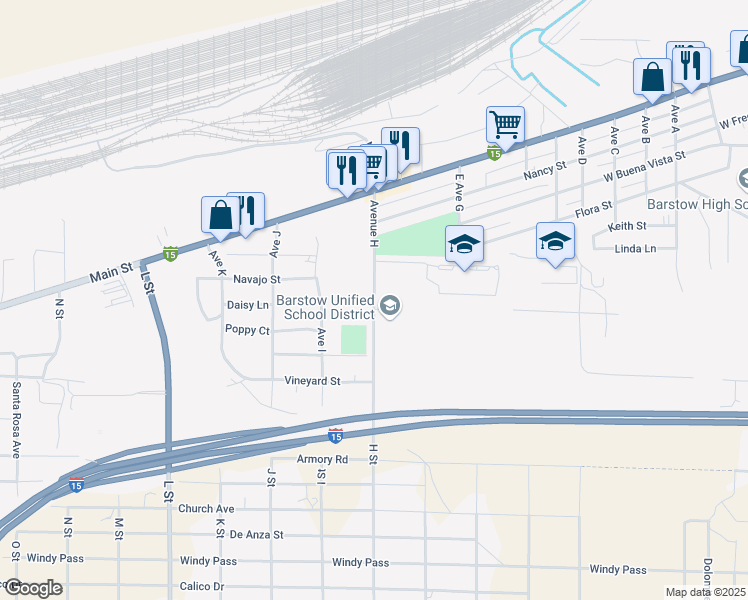 map of restaurants, bars, coffee shops, grocery stores, and more near 551 Avenue H in Barstow