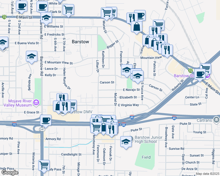 map of restaurants, bars, coffee shops, grocery stores, and more near 933 East Navajo Street in Barstow